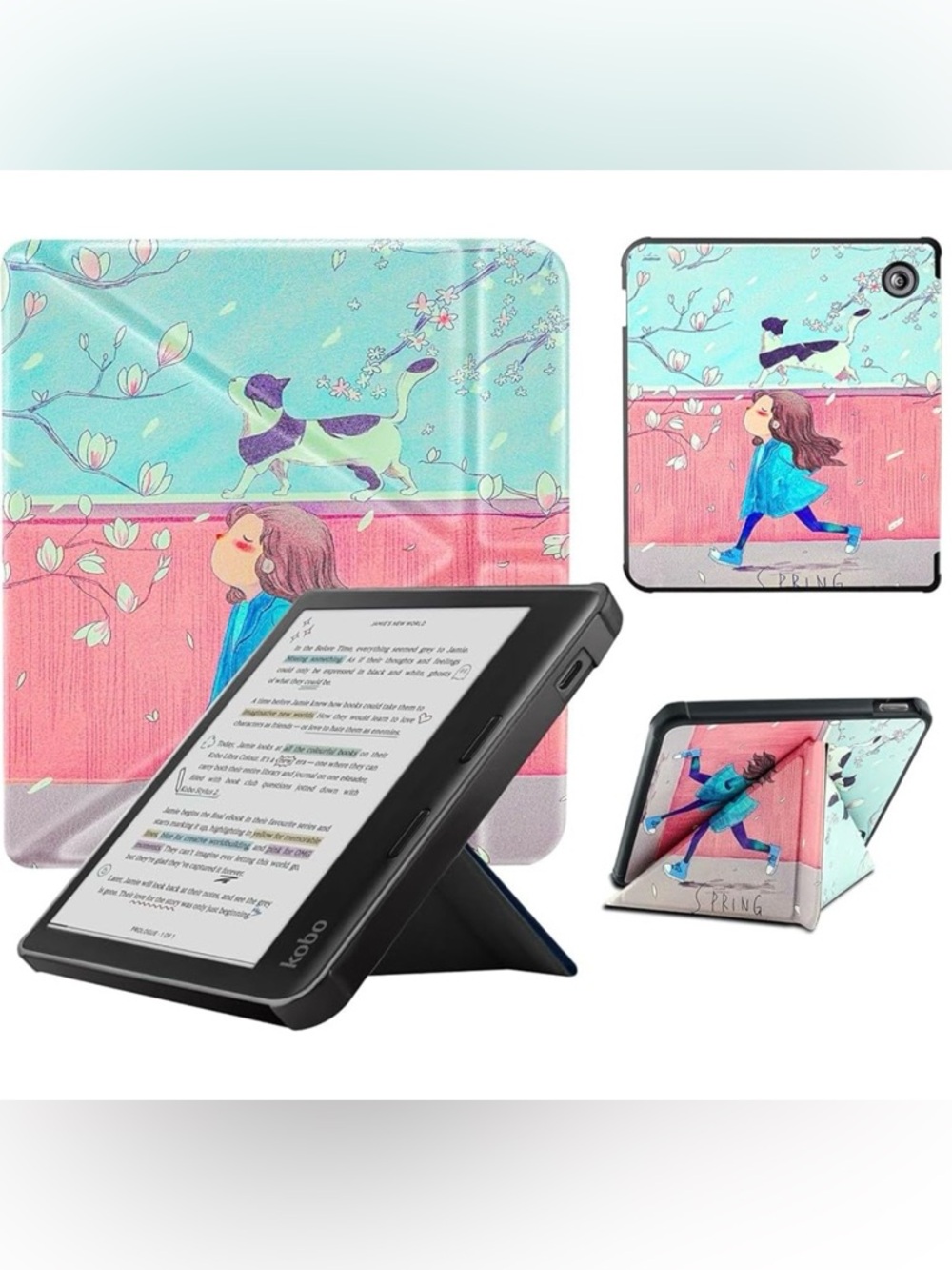 Kobo Libra  E Reader Case Spring Girl with Cat New
